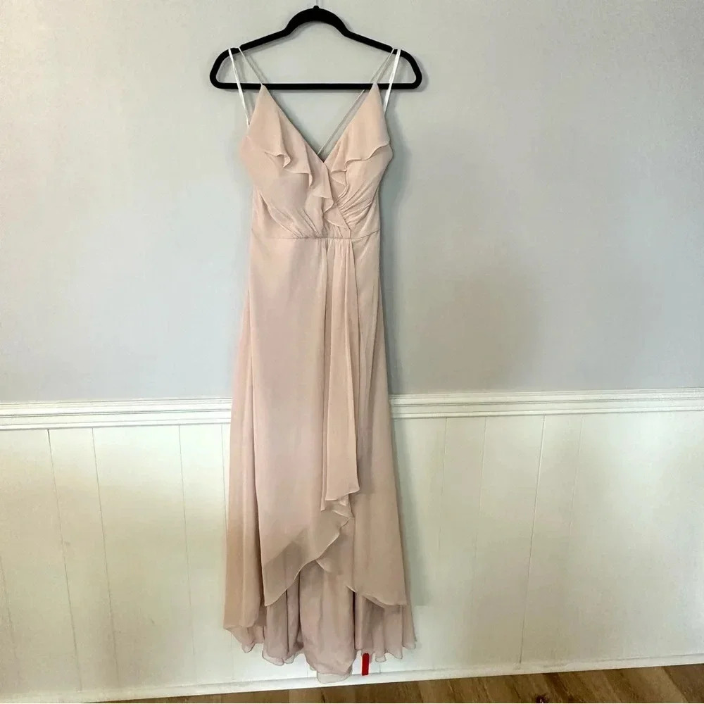 Jenny Packham Women’s Ruffled V-Neck Strappy Hi/Lo Chiffon Maxi Dress Size 6 NWT - Picture 2 of 9